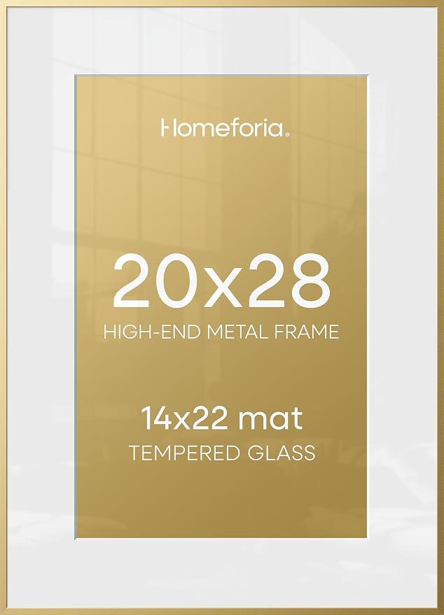 Homeforia 20x28 Picture Frame Gold, High End Metal 20 x 28 Poster Frames with Mat 14 by 22 Photo, 20x28 Gold Frame Matted to 14x22 Print, 28x20 Large Hanging Frames, Tempered Glass, Wall Kit, Set of 1