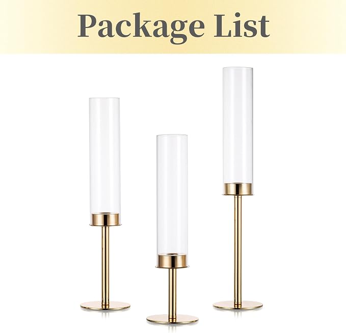 Hewory Gold Candle Holders, 3Pcs Hurricane Candlestick Holders with Glass Candle Cover for Wedding Table Centerpiece Christmas Decor