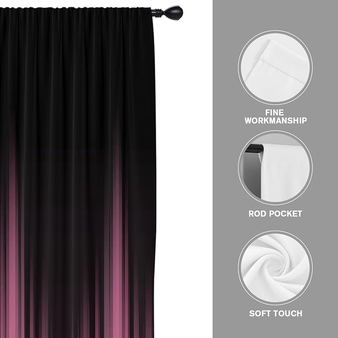 Coxila Pink and Black Window Curtains for Bedroom 42 x 63 Inch Rod Pocket Ombre Dark Girls Girly Gothic Goth Women Modern Abstract Cool Anime Art Living Room Treatment Set of 2 Curtain Panels Drapes