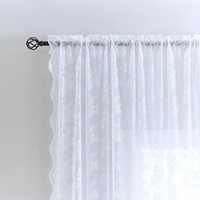 YJ YANJUN Vintage Lace Curtains 63 Inches Long Brilliant White 2 Panels | Floral Pattern,Sheer, Light-Filtering,French,All-space perfect,Rod Pocket