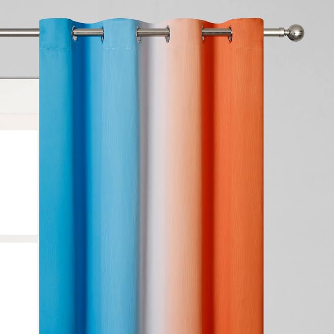 Estelar Textiler Ombre Orange and Blue Curtains 63 Inch Length 2 Panels, Total Blackout Curtains for Bedroom, Grommet Thermal Insulated Gradient Drapes, Full Light Blocking for Boys Room, 52x63 Inch