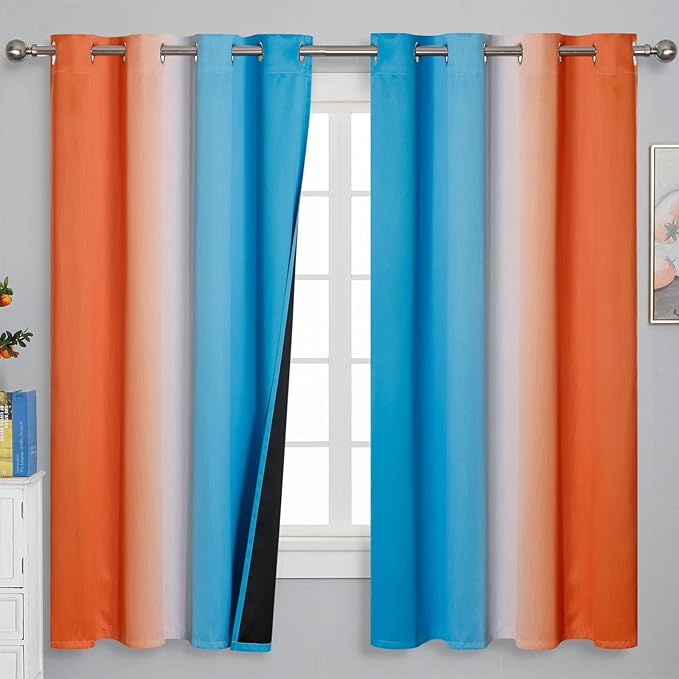 Estelar Textiler Ombre Orange and Blue Curtains 63 Inch Length 2 Panels, Total Blackout Curtains for Bedroom, Grommet Thermal Insulated Gradient Drapes, Full Light Blocking for Boys Room, 52x63 Inch