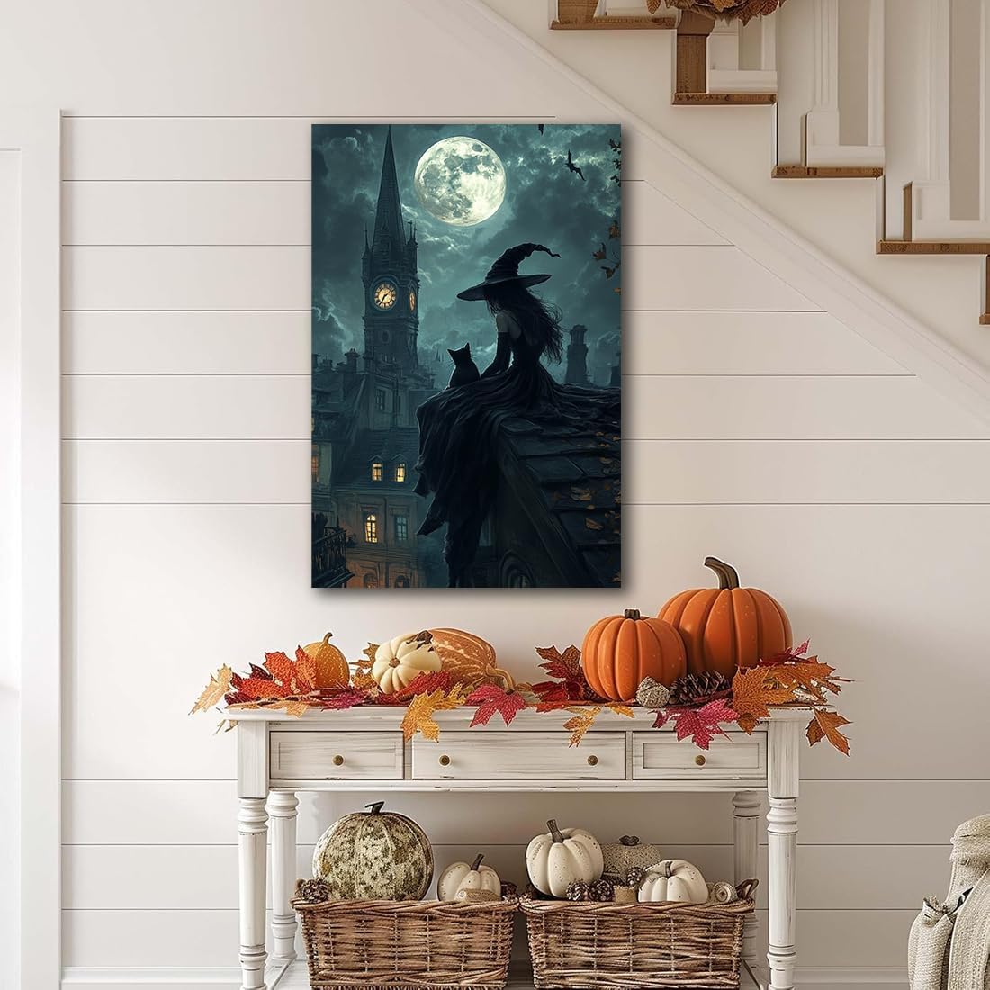 Halloween Witch Black Cat Wall Art,Magical Moon Witch on Roof with Black Cat at Night Scene Painting Haunting Dark Witches Canvas Print for Haunted House Party Decor Poster,20"x30" Framed