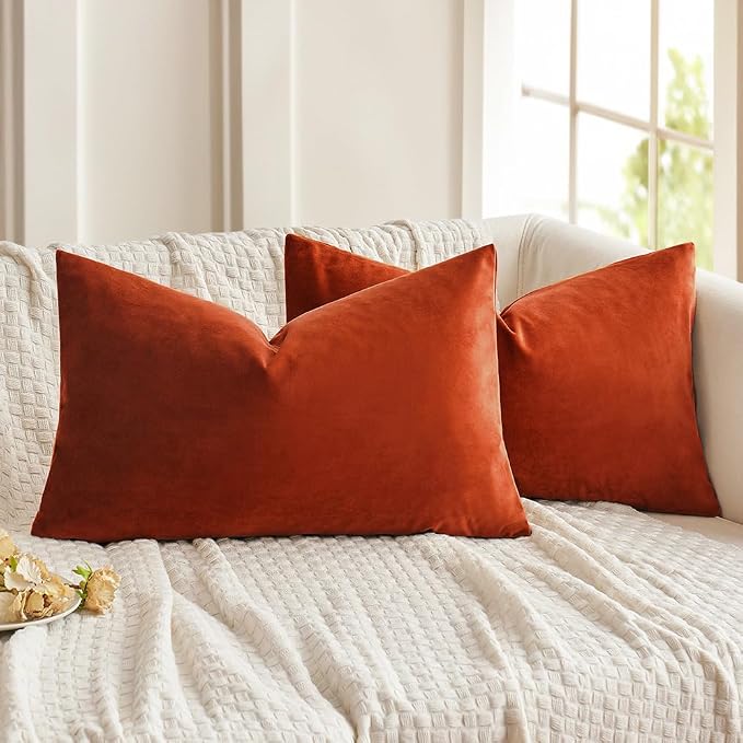 MIULEE Velvet Throw Pillow Covers 12x20 Inch, Pack of 2 - Burnt Orange, Soft Solid Lumbar Fall Decorative Pillow Covers Modern Luxury Home Decor for Chair Couch Sofa Bedroom Livingroom