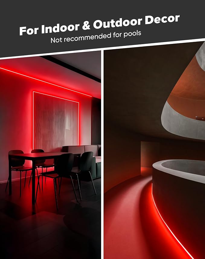 Shine Decor COB LED Rope Light AC 120V, 800lm Ultra Bright, IP65 Waterproof Cold-Resistant ETL Neon Strip, No Driver Tape Lighting for Home Commercial 10x4.5mm, Red, 16.4ft