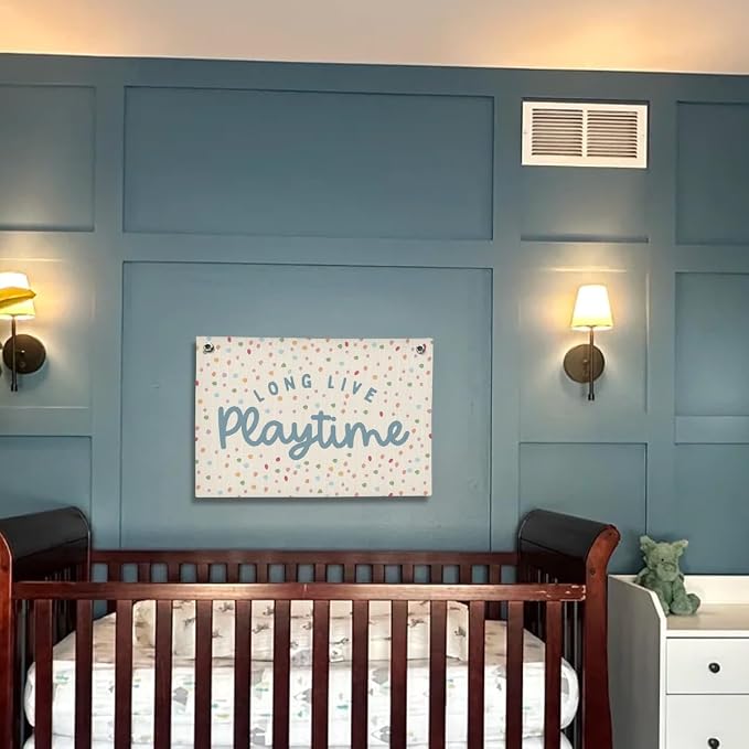 Playroom Decor, Kids Wall Art Hanging Linen Banner, Blue Striped Wall Flag for Playing Room Nursery Playroom Decor, 20x30 Inch