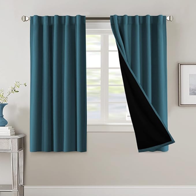 H.VERSAILTEX 100% Blackout Curtains for Bedroom with Black Liner Full Room Darkening Curtains Thermal Back Tab/Rod Pocket Window Treatment Drapes for Living Room, 2 Panels, 42 x 63 Inch, Dark Teal