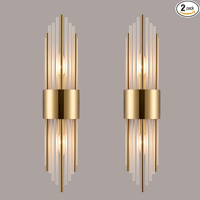 2-Light Modern Crystal Wall Sconces Titanium Gold Vanity Wall Light with Frosted Glass Luxury Set of 2 Wall Light Fixtures for Bedroom Living Room Dining Room Vanity Mirror Light