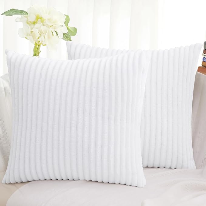 Simmore Decorative Fall Throw Pillow Covers 26x26 Set of 2, Soft Natural Plush Flannel Double-Sided Fluffy Couch Euro Sham Pillow Covers for Sofa Living Room, White