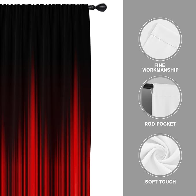 Coxila Red Black Window Curtains for Bedroom 42 x 84 Inch Rod Pocket Long Ombre Burgundy Stripe Boho Pattern Simple Gradient Design Living Room Treatment Set of 2 Curtain Panels Drapes Drapes