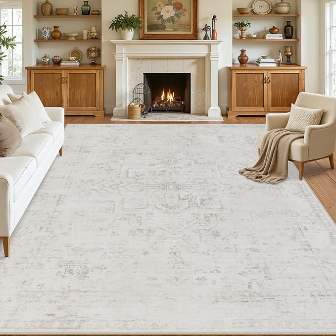 Area Rugs 9x12 Living Room: Vintage Boho Neutral Washable Rug Indoor Soft Large Area Rug Carpet for Bedroom Nursery Farmhouse Dining Room Office Floor Non-Slip Low Pile Under Table Neutral Cream