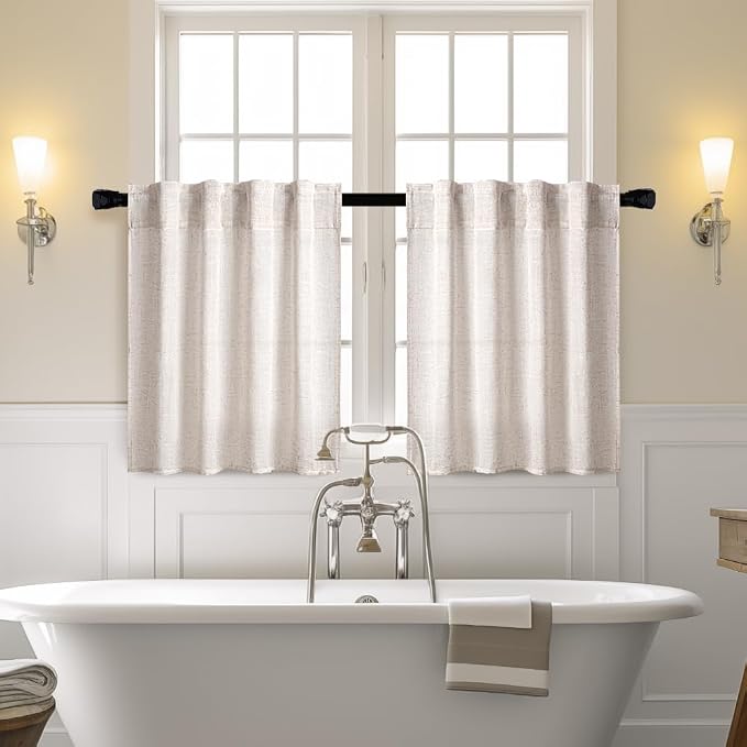 MIULEE Farmhouse Kitchen Curtains 24 Inch Length 2 Panels, Soft Thick Linen Textured Natural White Semi Sheer Light Filtering Short Cafe Tier Curtains for Small Half Window Back Tab Rod Pocket