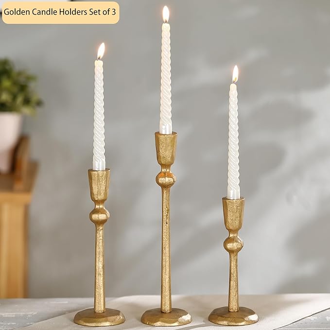 Gold Taper Candle Holders Set of 3, Heavy Candlestick Holders Decorative Candle Stand for Table Centerpiece, Cast Iron Candle Stick Holder Decor