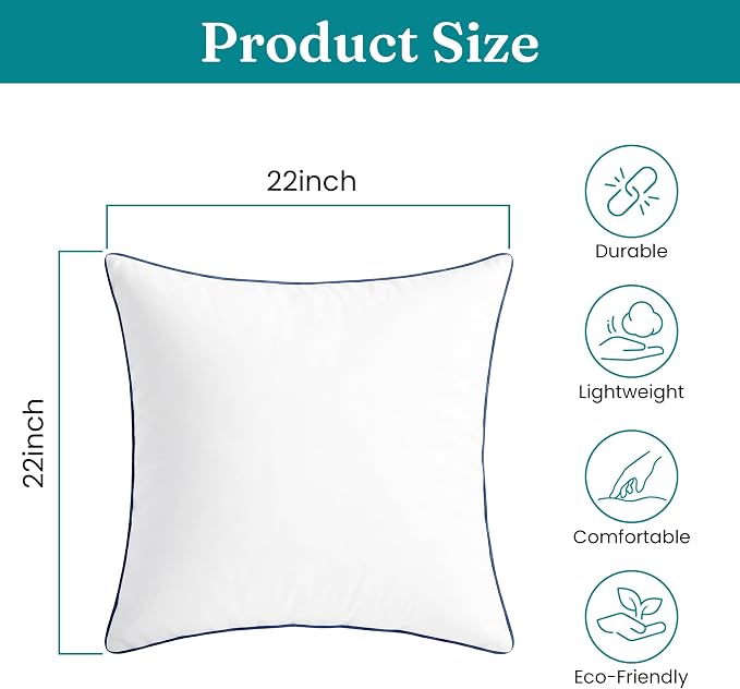 Oubonun 22 x 22 Throw Pillow Inserts – Durable & Structured, Soft Down Alternative Decorative Pillows with Piping Edge for Couch Sofa Bed, Machine Washable, White, Pack of 2