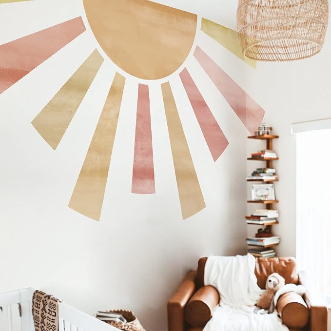 Large Fabric Watercolor Boho Half Sun Wall Decals Peel and Stick, Pastel Sunrise Wall Murals Stickers, Sunshine Wall Art Decor for Kids Room Playroom Nursery Bedroom, 94.49" x 57.48"