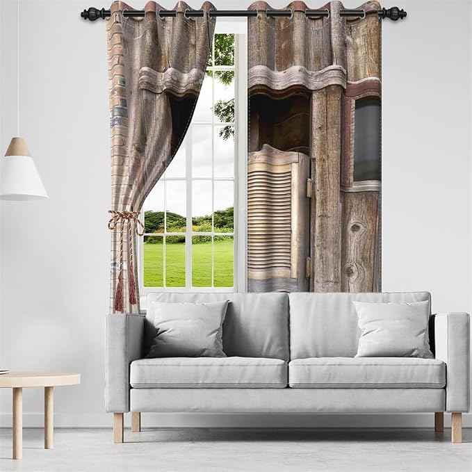 Rustic Curtains Antique Old Wooden Barn Door Window Curtains Vintage Wood Plank Aged Door Garage Door Abandoned Farmhouse Rural Farm Living Room Bedroom Window Drapes,26x63 inch,2 Panels