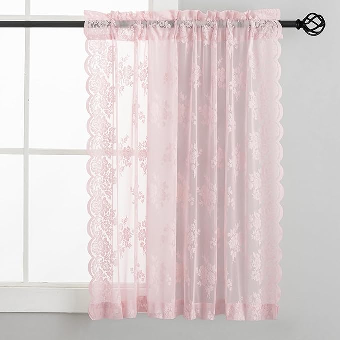 Pink Short Lace Curtains 36 Inch Length, 2 Panels, W42 x L36 Inch Each, Country Rustic Floral Short Sheer Curtains for Kitchen Window Over Sink, Rod Pocket Privacy Light Filtering Small Cafe Curtains