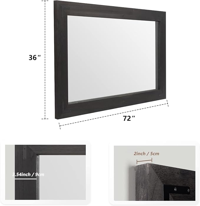 YOSHOOT Rustic Wooden Framed Wall Mirror, Natural Wood Bathroom Vanity Mirror for Farmhouse Decor, Vertical or Horizontal Hanging, 72" x 36", Black
