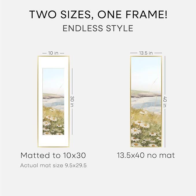 Homeforia 13.5x40 Panoramic Frame Gold, High End Metal 13.5x40 Picture Frames with Mat 10x30 Photo, 13.5 x 40 Poster Frames Matted to 10 by 30 Print, 40x13.5 Frames, Tempered Glass, Wall Kit, Set of 1