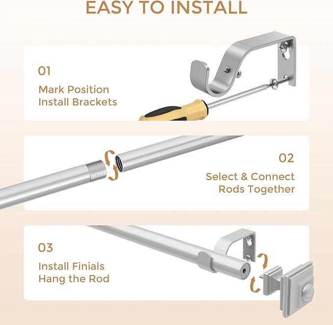 Silver Curtain Rod for Windows 18-45 Inches, 1 Inch Heavy Duty Adjustable Drapery Pole, Modern Window Treatment Rod with Decorative Square Finials, Easy Installation