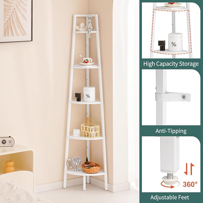 Yoobure 5‑Tier Corner Shelf – Sturdy Metal Frame & Wood Ladder Bookshelf, Space‑Saving Display Shelves for Plants & Books, Easy Assembly, for Bedroom, Living Room, Office, Balcony