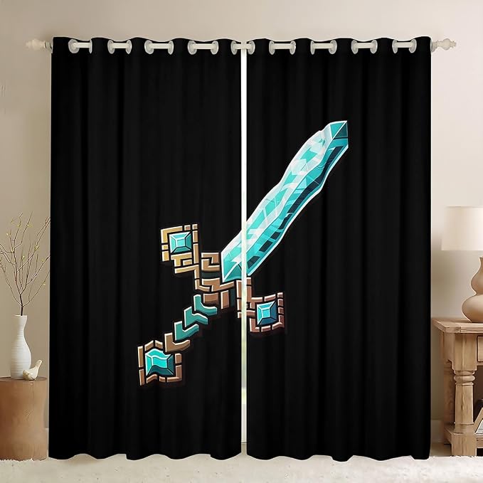 Castle Fairy Blue Sword Window Curtain,Pixelated Check Sword Bedroom Decor Curtains,Sandbox Block Gaming Window Treatment Kids Teens Modern Black Games Theme Blackout Drapes 2 Panels,38Wx54L