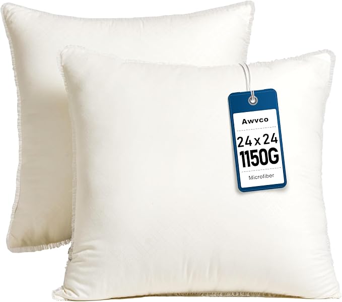 24 x 24 Throw Pillow Inserts - Soft and Plush, Virgin Fiber Filling, Decorative Pillows for Couch Sofa Bed, Machine Washable - White, Pack of 2