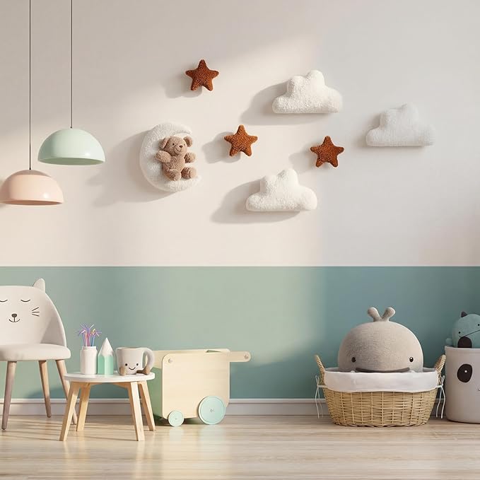 Chumia 7 Pcs Teddy Bear Nursery Wall Decor Boho Nursery Wall Art with Clouds Moon Star Soft Plush Baby Room Decor Gender Neutral for Bedroom Playroom Decoration