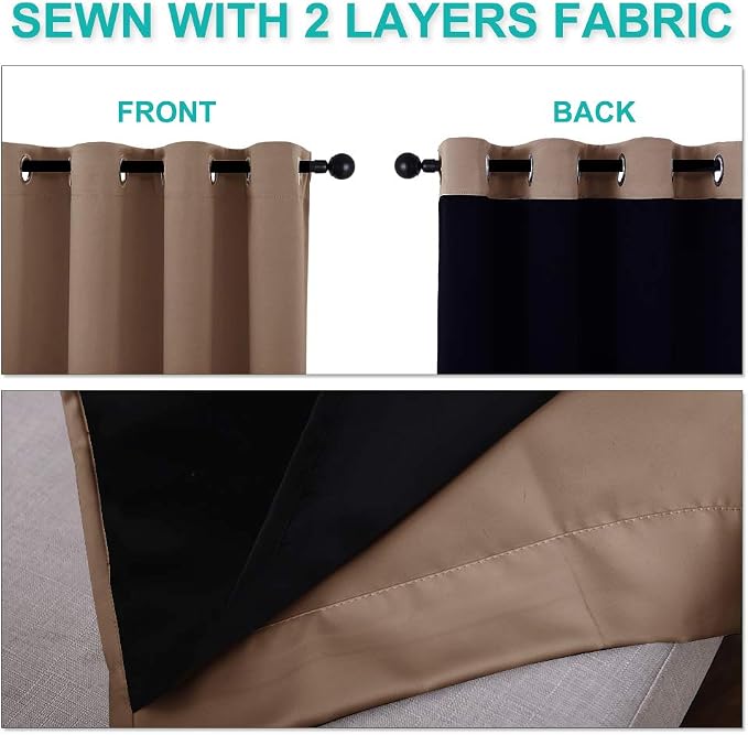 NICETOWN 100% Blackout Curtains Thermal, Noise Reduction and Privacy Curtains for Patio Door, Black Lined Blackout Drapes with Grommet Top, Cappuccino, 1 Pair, W52 x L102
