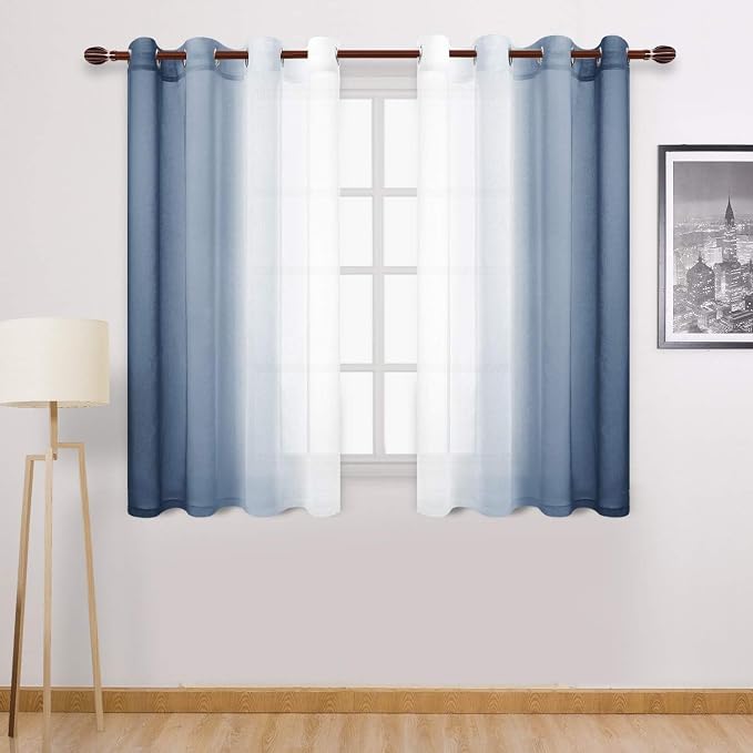 DWCN Ombre Short Sheer Curtains - Faux Linen Semi Voile Gradient Light-Filtering Bedroom and Living Room Curtains, Set of 2 Grommet Top Window Drape Panels, 52 x 45 Inch Length, Denim Blue