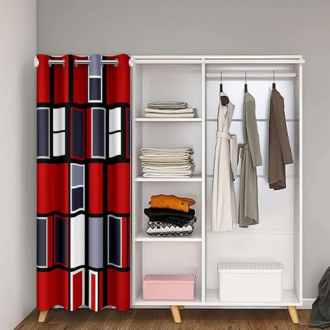 Feelyou Red Grey Geometric Door Curtain for Doorway Privacy 1 Panel, 34"x80" Red Grey Plaid Pattern Closet Door Cover Curtain for Bedroom Living Room Black Stripe Room Blackout Curtain Simple Fashion