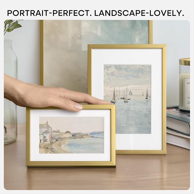 Homeforia 5x7 Picture Frame Gold, High End Metal 5 x 7 Gold Frames with Mat 4 x 6 for Print, 5by7 Desk Frame Matted to 4x6 inch Photo, 5 by 7 Wall or Tabletop Frame, Tempered Glass, Wall Kit, Set of 2