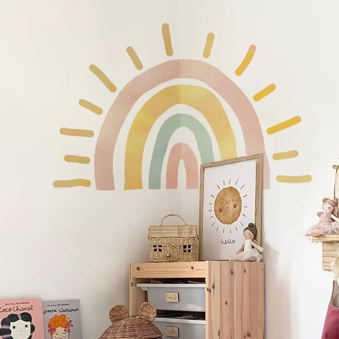 Large Fabric Watercolor Boho Half Sun Wall Decals Peel and Stick, Rainbow Wall Murals Stickers, Pastel Sunrise Wall Art Decor for Kids Room Playroom Nursery Bedroom, 44.09" x 29.13"