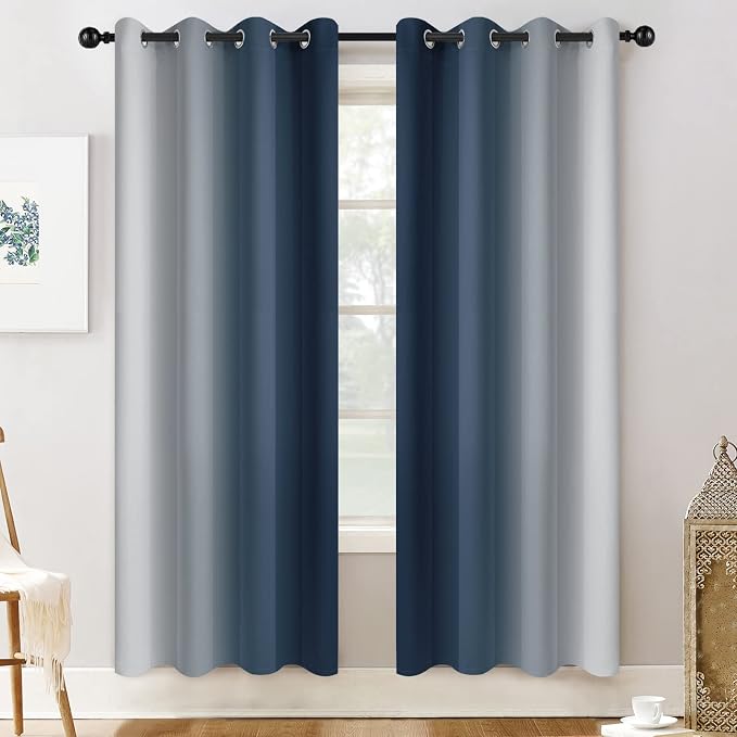 Yakamok Ombre Curtains Navy Blue and Greyish White for Living Room,52Wx72L | Room Darkening Curtains 72,Thermal Insulated Gradient Color Drape,Light Blocking Grommet Window Curtains for Bedroom,2 Panels