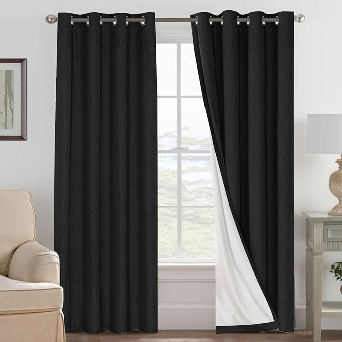 H.VERSAILTEX Linen Curtains 100% Blackout Curtains for Bedroom 90 inch Long Full Light Blocking Nature Linen Blended Window Curtains for Living Room Nickel Grommet (2 Panels, Black)
