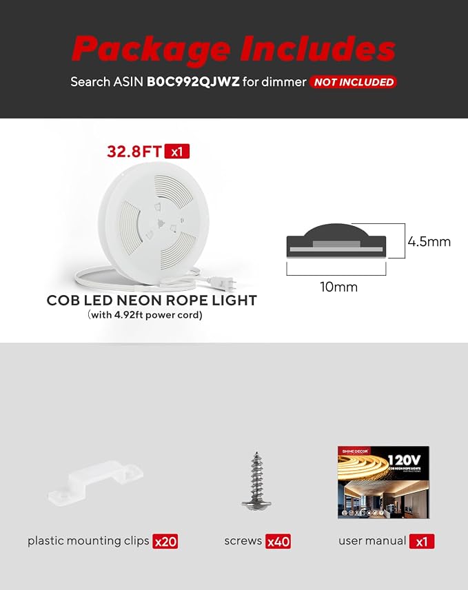 Shine Decor COB LED Rope Light AC 120V, 800lm Ultra Bright, IP65 Waterproof Cold-Resistant ETL Neon Strip, No Driver Tape Lighting for Home Commercial 10x4.5mm, Amber, 32.8ft