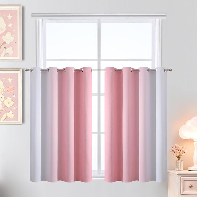Estelar Textiler Pink and Greyish White Ombre Blackout Curtains 36 Inch Long for Kids Bedroom, Room Darkening Thermal Insulated Grommet Gradient Window Drapes for Living Room/Nursery, 52Wx36L,2 Panels