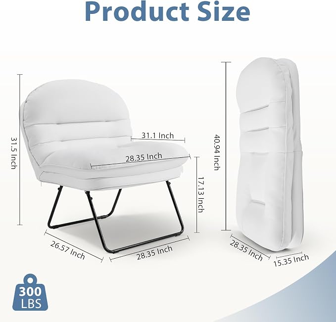 DUMOS Comfy Saucer Chair, PU Leather Foldable Chairs for Bedroom, Dorm & Gaming, Fashion Folding Floor Chair with Back Support for Small Spaces, New White