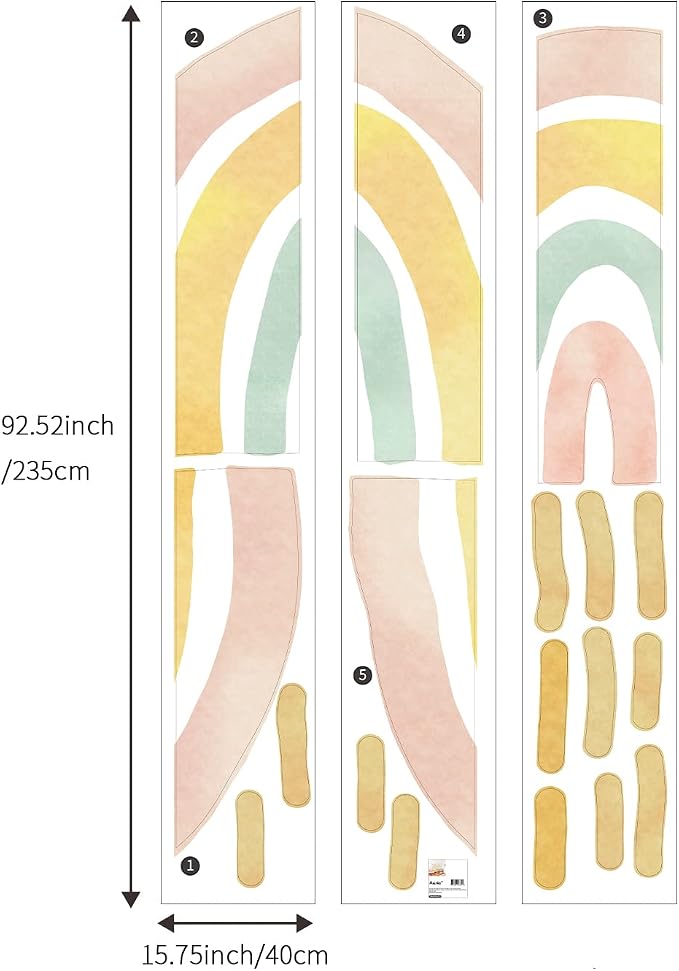 Large Fabric Watercolor Boho Half Sun Wall Decals Peel and Stick, Rainbow Wall Murals Stickers, Pastel Sunrise Wall Art Decor for Kids Room Playroom Nursery Bedroom, 94.49" x 62.60"