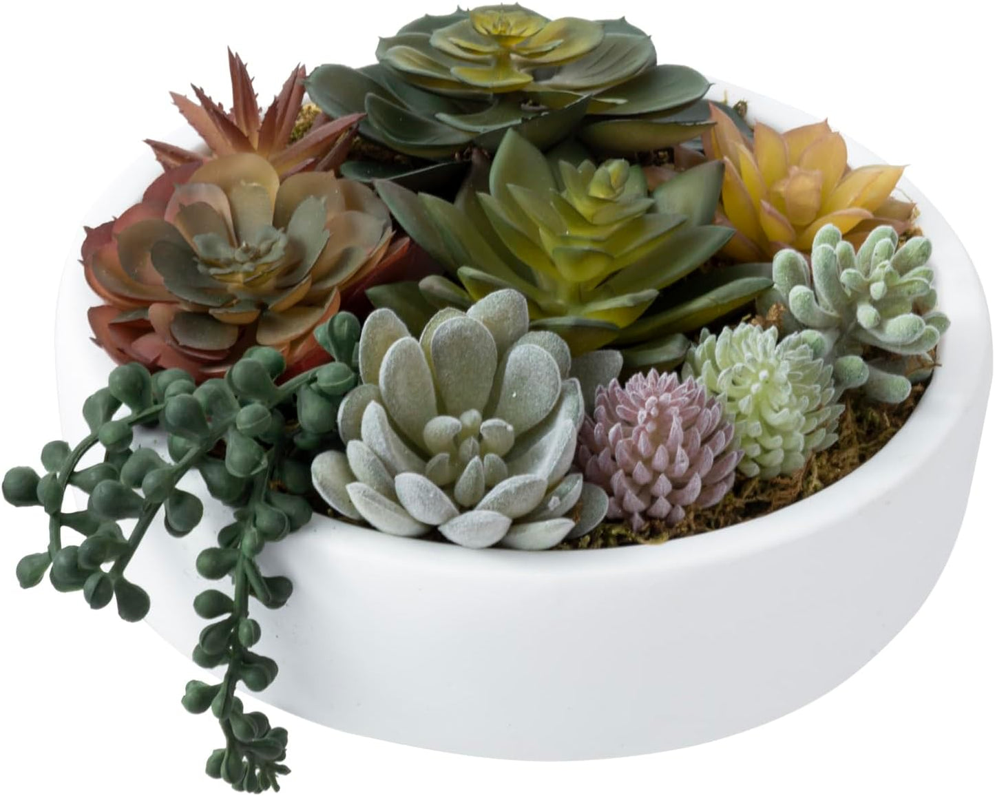 MyGift 8 Inch Round Modern Artificial Succulent Arrangement Potted in White Concrete Plant Bowl, Assorted Faux Mini Succulents in a Decorative Planter Pot