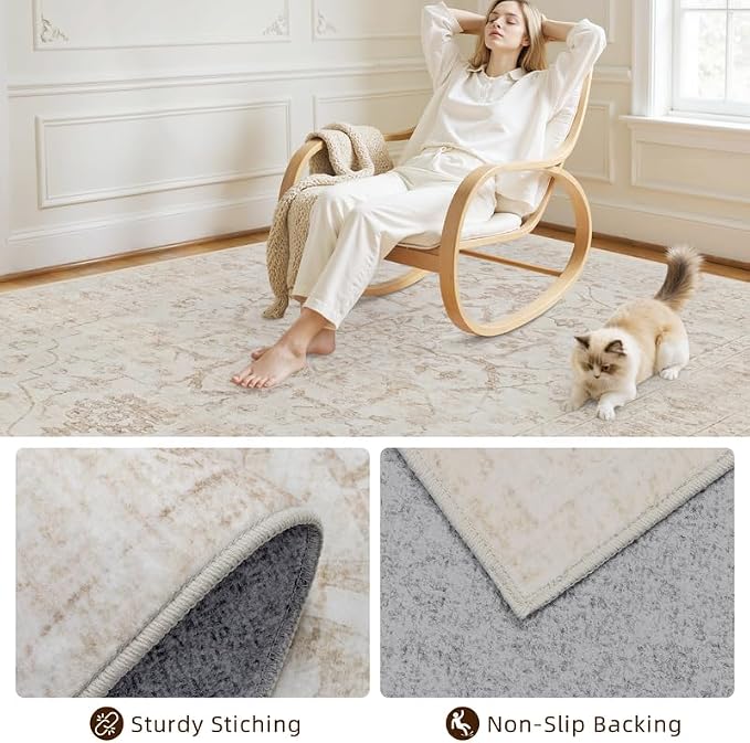 10x14 Area Rug for Living Room: Vintage Boho Neutral Washable Rug Indoor Soft Large Area Rug Carpet for Bedroom Nursery Farmhouse Dining Room Office Floor Non-Slip Low Pile Under Table Rug Warm Beige