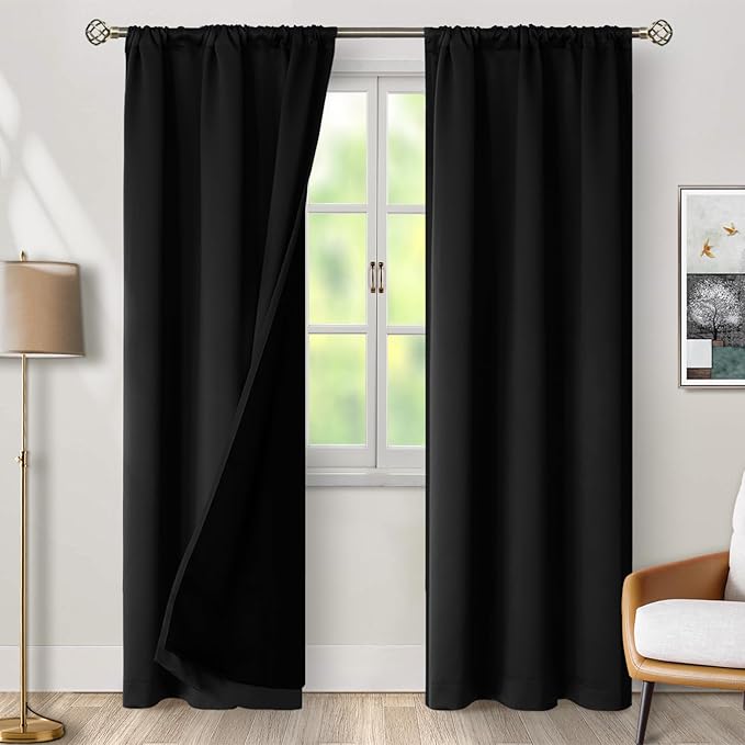 BGment Black 100% Blackout Curtains for Bedroom, 84 Inch Length 2 Panels Set Black Out Living Room Panels with Thermal Liner, Rod Pocket and Back Tab Double Layer Room Darkening Drapes, 38 x 84 Inch