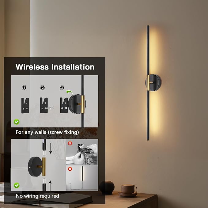 Battery Operated Wall Sconces Set of Two 360° Rotate Wireless Rechargeable Light Dimmable with Remote - Black Gold Modern Sconces Cordless Wall Decor for Home Bedroom Timer 31.5 Inch