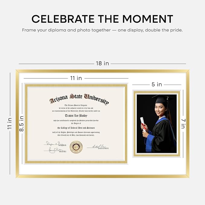 Homeforia 11x18 Gold Diploma Frame with Photo, High End Metal 11 x 18 Certificate Frames with Mat for 8.5 x 11 inches Diploma and 5 x 7 Picture, Award Degree Frames, Tempered Glass, Wall Kit, Set of 3
