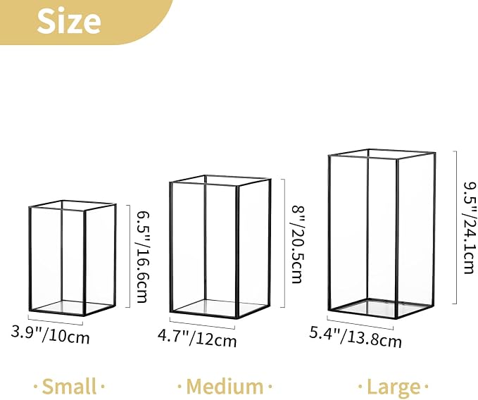 Nuptio Glass Candle Holders Hurricane Holder for Pillar Candles 18 Pcs Black Metal Candle Holders Large Rectangular Candleholder Vase Centerpieces Decoration for Wedding Party 9.5 & 8.1 & 6.5 inch