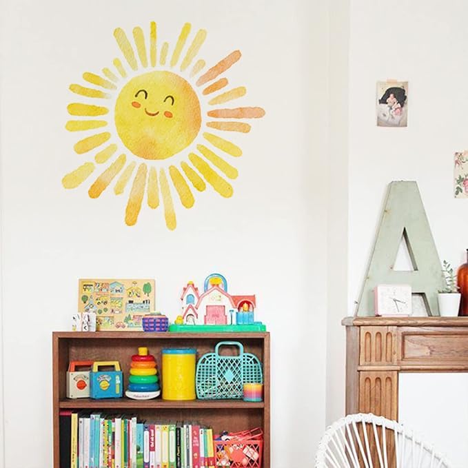 Large Sunshine Nursery Decor, Smile Sun Wall Decal for Playroom, Classroom and Party, Watercolor Sun Glow