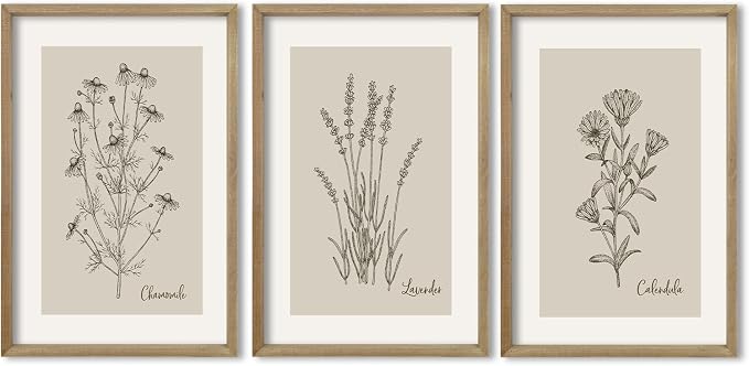 TQianJiang Vintage Botanical Wall Art 16"x11" Set Of 3 Wood Framed Wildflower Pictures Wall Decor for Bedroom Minimalist Wall Hanging (Wood)