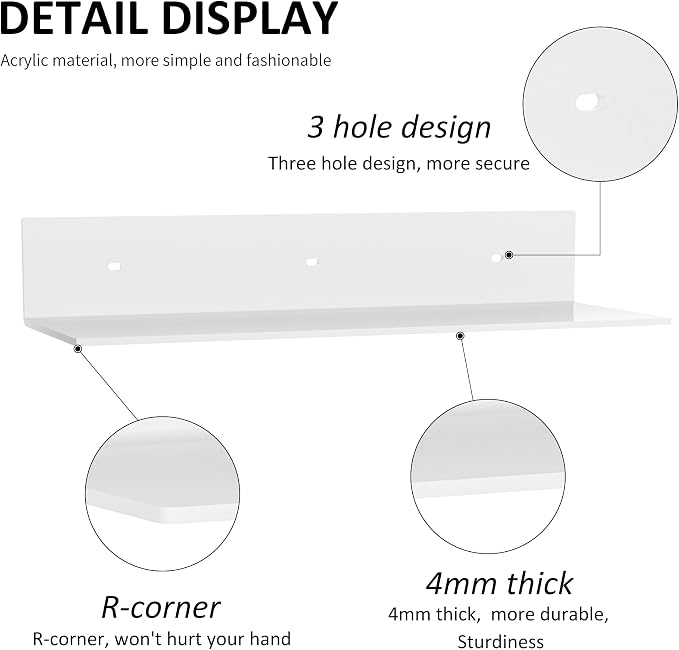 Sezanrpt 15 Inches Acrylic Wall Shelves 2 Pack, Floating Shelf for Wall Mounting, Acrylic Display Ledges for Funko Pop Figures, Home Décor, Living Room, Gaming Room, Plants(15 inch, White)