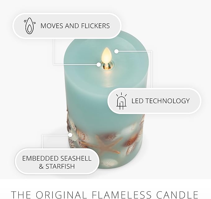 Luminara Flameless LED Candle Soft Teal Embedded Seashell & Starfish Moving Flame Pillar Unscented Real Wax with Recessed Edge, Timer (6.5-inch)
