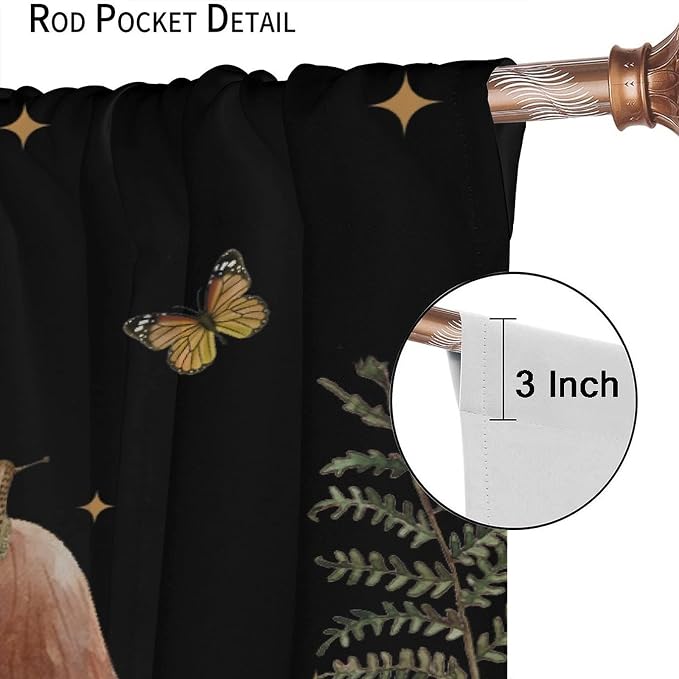 Retro Mushroom Curtains,Snail Butterfly Blackout Window Drapes,Boho Night Plants Leaves Moon Star Botanical for Living Room Kitchen Bedroom,Black Background 42x45 Inch